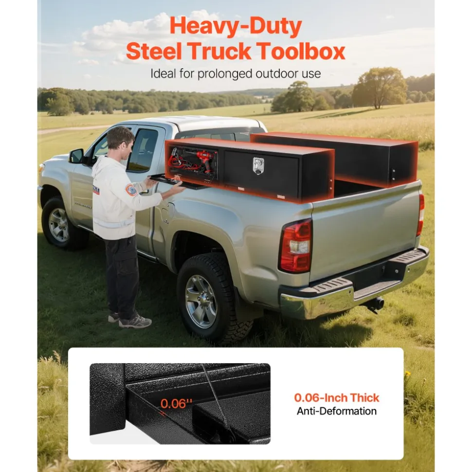 VEVOR Truck Tool Box, 72 x 13 x 16 Inch, Black Carbon Steel Topsider Toolbox with Dual Drop Doors, Heavy Duty Lockable Storage & Organization Box with Latch, Corrosion-Resistant, for Truck Bed Pickup