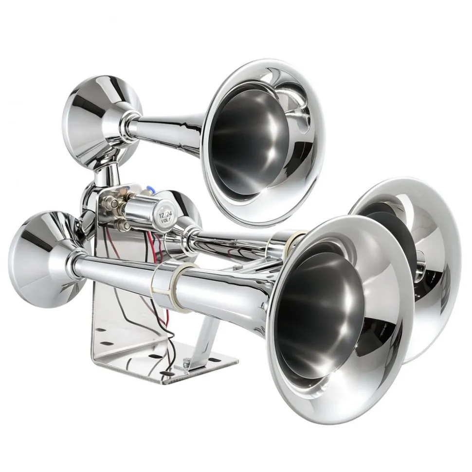 VEVOR 3-Trumpet Air Horn 150dB Super Loud Train Horn for Trucks SUVs, Fits 12V/24V Vehicles & Boats, Powerful Sound, Strong Penetration, Built-in Solenoid Valve, High Airtightness, Heavy-Duty Metal