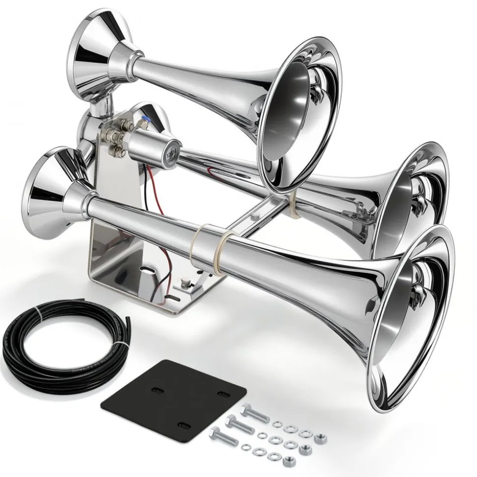 VEVOR 3-Trumpet Air Horn 150dB Super Loud Train Horn for Trucks SUVs, Fits 12V/24V Vehicles & Boats, Powerful Sound, Strong Penetration, Built-in Solenoid Valve, High Airtightness, Heavy-Duty Metal