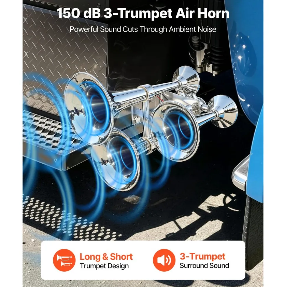 VEVOR 3-Trumpet Air Horn 150dB Super Loud Train Horn for Trucks SUVs, Fits 12V/24V Vehicles & Boats, Powerful Sound, Strong Penetration, Built-in Solenoid Valve, High Airtightness, Heavy-Duty Metal
