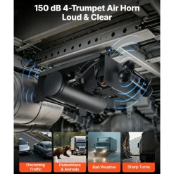 VEVOR 4-Trumpet Air Horn Kit with 150PSI 2.64 Gal Air Compressor Tank, 150dB Super Loud Train Air Horn, Strong Penetration, Pressure Gauge, Leak-Proof, Heavy-Duty, Fits 12V Truck SUV Off-Road Vehicles