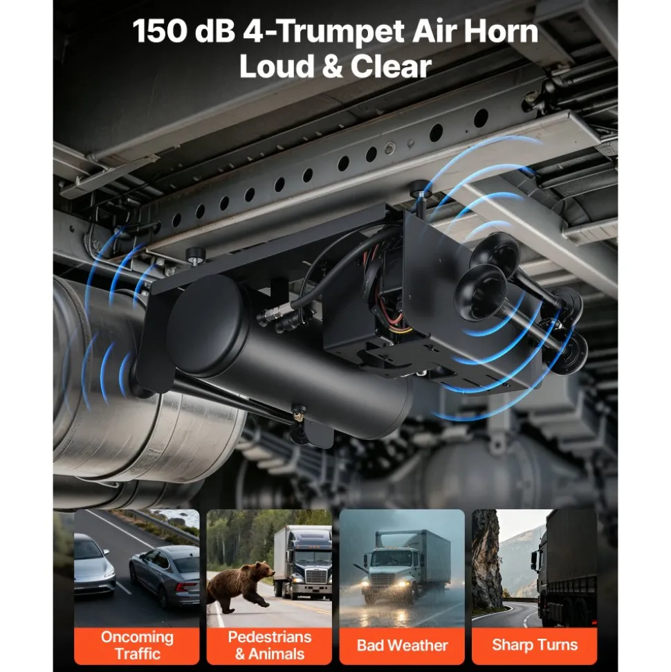 VEVOR 4-Trumpet Air Horn Kit with 150PSI 2.64 Gal Air Compressor Tank, 150dB Super Loud Train Air Horn, Strong Penetration, Pressure Gauge, Leak-Proof, Heavy-Duty, Fits 12V Truck SUV Off-Road Vehicles