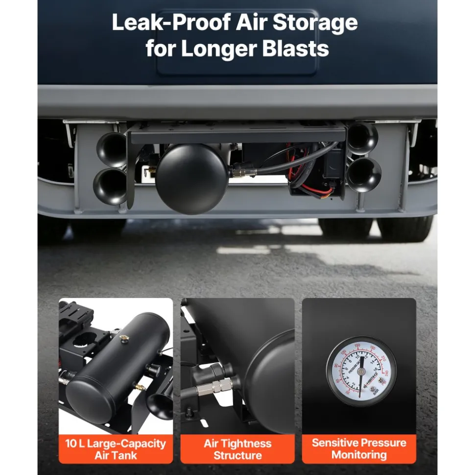 VEVOR 4-Trumpet Air Horn Kit with 150PSI 2.64 Gal Air Compressor Tank, 150dB Super Loud Train Air Horn, Strong Penetration, Pressure Gauge, Leak-Proof, Heavy-Duty, Fits 12V Truck SUV Off-Road Vehicles