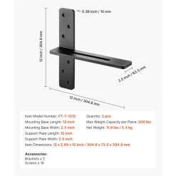 VEVOR T Shelf Brackets 2 Pcs, 200 lbs/90 kg Weight Capacity, 12x2.89x12 in / 304.8x73.5x304.8 mm, Solid Steel Heavy Duty Brackets for Shelves, Countertop Support Floating Bracket Hardware with Screws