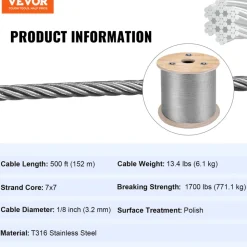 VEVOR T316 Stainless Steel Cable 1/8