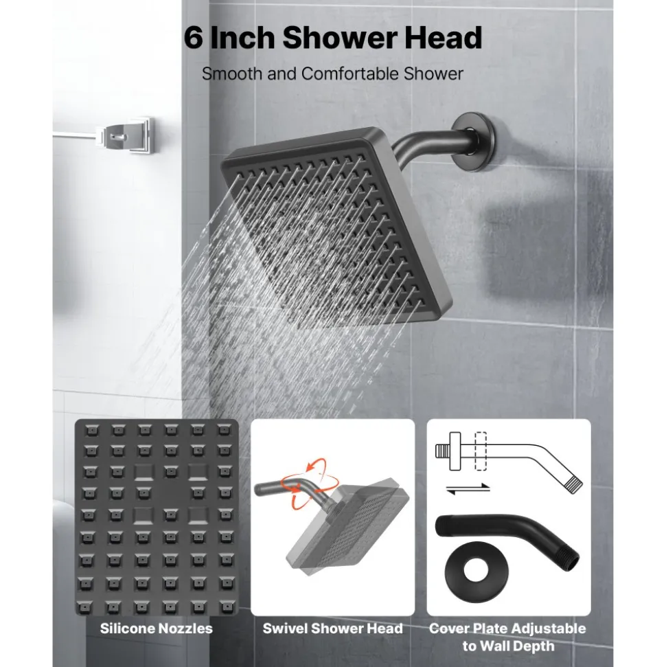VEVOR Tub and Shower Faucet Set, Complete with 6-Inch Rainfall Shower Head and Bathtub Spout, Single-Spray Single-Handle Tub Trim Kit with 304 Stainless Steel Valve Trim for Bathrooms, Matte Black