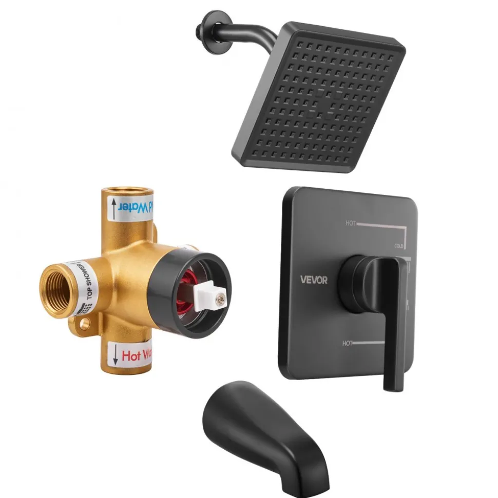 VEVOR Tub and Shower Faucet Set, Complete with 6-Inch Rainfall Shower Head and Bathtub Spout, Single-Spray Single-Handle Tub Trim Kit with 304 Stainless Steel Valve Trim for Bathrooms, Matte Black