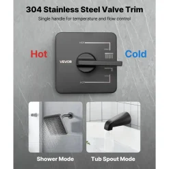 VEVOR Tub and Shower Faucet Set, Complete with 6-Inch Rainfall Shower Head and Bathtub Spout, Single-Spray Single-Handle Tub Trim Kit with 304 Stainless Steel Valve Trim for Bathrooms, Matte Black