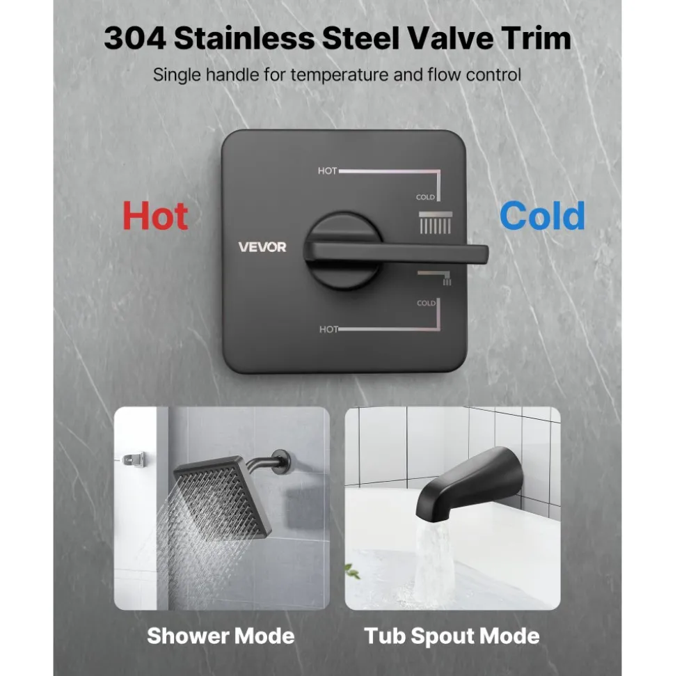 VEVOR Tub and Shower Faucet Set, Complete with 6-Inch Rainfall Shower Head and Bathtub Spout, Single-Spray Single-Handle Tub Trim Kit with 304 Stainless Steel Valve Trim for Bathrooms, Matte Black