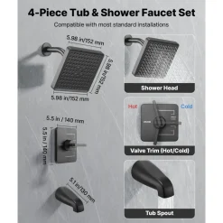 VEVOR Tub and Shower Faucet Set, Complete with 6-Inch Rainfall Shower Head and Bathtub Spout, Single-Spray Single-Handle Tub Trim Kit with 304 Stainless Steel Valve Trim for Bathrooms, Matte Black