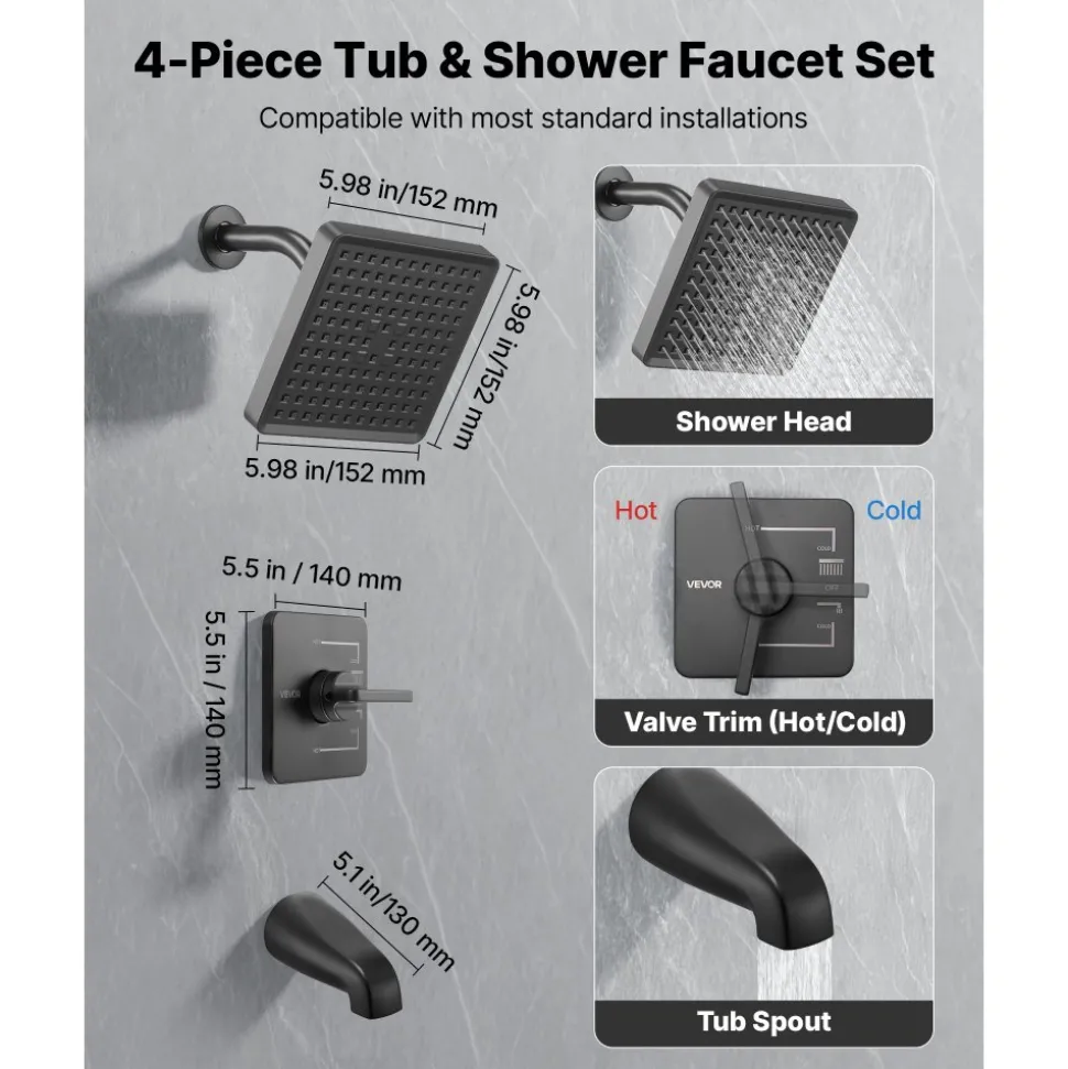 VEVOR Tub and Shower Faucet Set, Complete with 6-Inch Rainfall Shower Head and Bathtub Spout, Single-Spray Single-Handle Tub Trim Kit with 304 Stainless Steel Valve Trim for Bathrooms, Matte Black