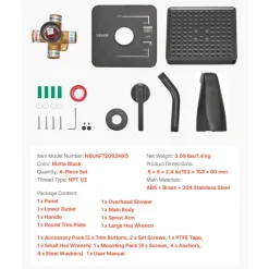 VEVOR Tub and Shower Faucet Set, Complete with 6-Inch Rainfall Shower Head and Bathtub Spout, Single-Spray Single-Handle Tub Trim Kit with 304 Stainless Steel Valve Trim for Bathrooms, Matte Black