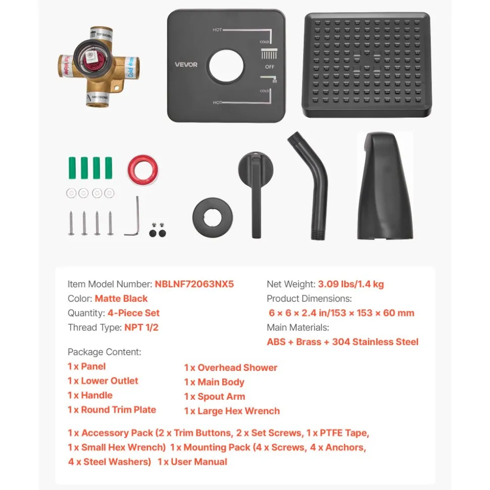 VEVOR Tub and Shower Faucet Set, Complete with 6-Inch Rainfall Shower Head and Bathtub Spout, Single-Spray Single-Handle Tub Trim Kit with 304 Stainless Steel Valve Trim for Bathrooms, Matte Black
