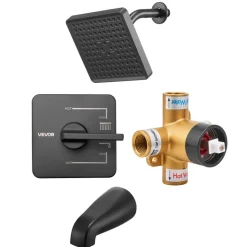 VEVOR Tub and Shower Faucet Set, Complete with 6-Inch Rainfall Shower Head and Bathtub Spout, Single-Spray Single-Handle Tub Trim Kit with 304 Stainless Steel Valve Trim for Bathrooms, Matte Black