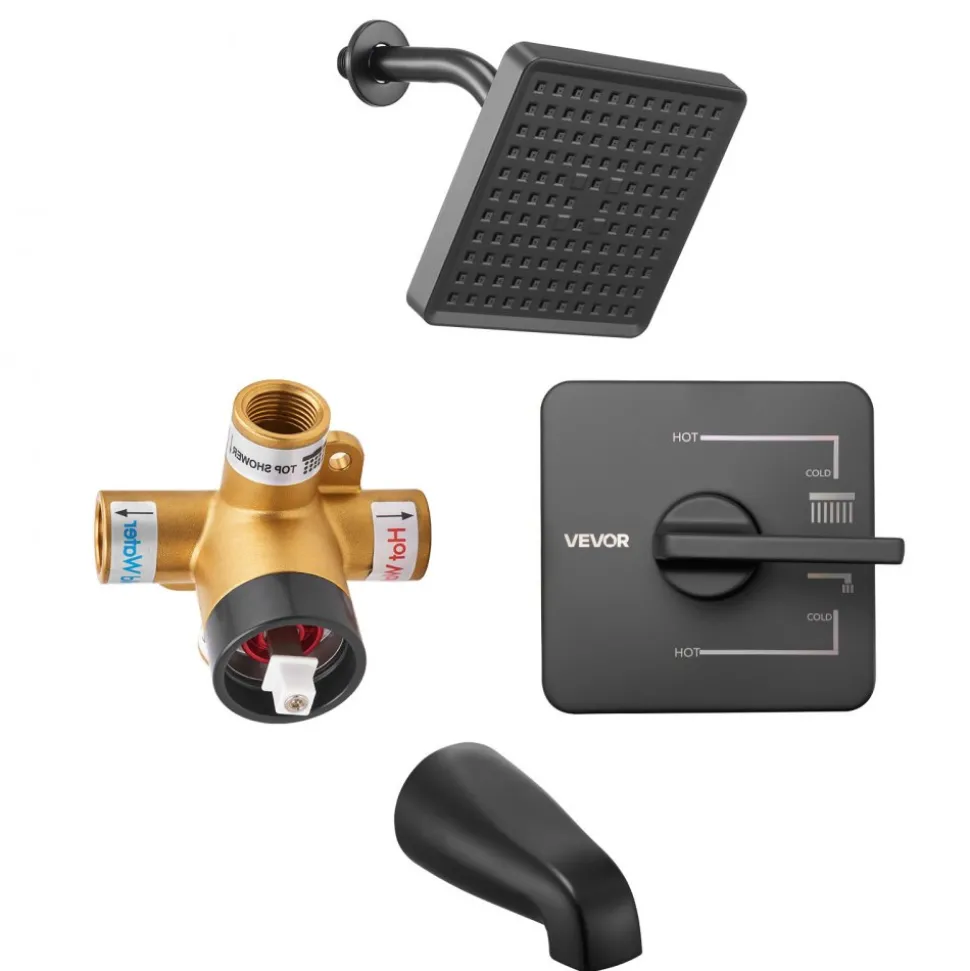 VEVOR Tub and Shower Faucet Set, Complete with 6-Inch Rainfall Shower Head and Bathtub Spout, Single-Spray Single-Handle Tub Trim Kit with 304 Stainless Steel Valve Trim for Bathrooms, Matte Black