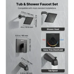VEVOR Tub and Shower Faucet Set, Complete with 4-Inch Rainfall Shower Head and Bathtub Spout, Single-Spray Single-Handle Tub Trim Kit with 304 Stainless Steel Valve Trim for Bathrooms, Matte Black