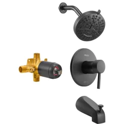 VEVOR Tub and Shower Faucet Set, Complete with 5-Inch Rainfall Shower Head and Bathtub Spout, 8-Setting Adjustable Spray, Single-Handle Tub Trim Kit with Brass Pressure Balancing Valve, Matte Black