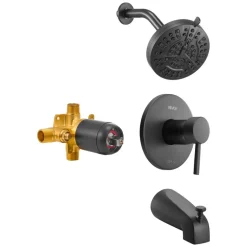 VEVOR Tub and Shower Faucet Set, Complete with 5-Inch Rainfall Shower Head and Bathtub Spout, 8-Setting Adjustable Spray, Single-Handle Tub Trim Kit with Brass Pressure Balancing Valve, Matte Black