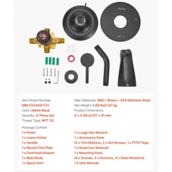 VEVOR Tub and Shower Faucet Set, Complete with 5-Inch Rainfall Shower Head and Bathtub Spout, 8-Setting Adjustable Spray, Single-Handle Tub Trim Kit with Brass Pressure Balancing Valve, Matte Black