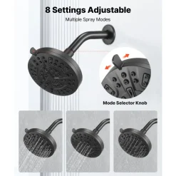 VEVOR Tub and Shower Faucet Set, Complete with 5-Inch Rainfall Shower Head and Bathtub Spout, 8-Setting Adjustable Spray, Single-Handle Tub Trim Kit with Brass Pressure Balancing Valve, Matte Black