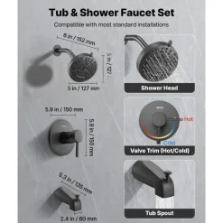 VEVOR Tub and Shower Faucet Set, Complete with 5-Inch Rainfall Shower Head and Bathtub Spout, 8-Setting Adjustable Spray, Single-Handle Tub Trim Kit with Brass Pressure Balancing Valve, Matte Black