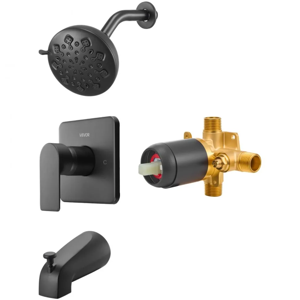 VEVOR Tub and Shower Faucet Set, Complete with 5.1-Inch Rainfall Shower Head and Bathtub Spout, 5-Setting Adjustable Spray, Single-Handle Tub Trim Kit with Brass Pressure Balancing Valve, Matte Black