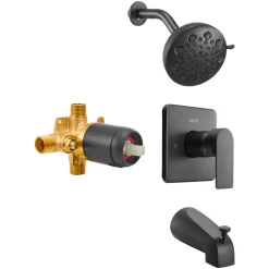 VEVOR Tub and Shower Faucet Set, Complete with 5.1-Inch Rainfall Shower Head and Bathtub Spout, 5-Setting Adjustable Spray, Single-Handle Tub Trim Kit with Brass Pressure Balancing Valve, Matte Black