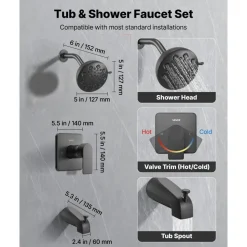 VEVOR Tub and Shower Faucet Set, Complete with 5.1-Inch Rainfall Shower Head and Bathtub Spout, 5-Setting Adjustable Spray, Single-Handle Tub Trim Kit with Brass Pressure Balancing Valve, Matte Black