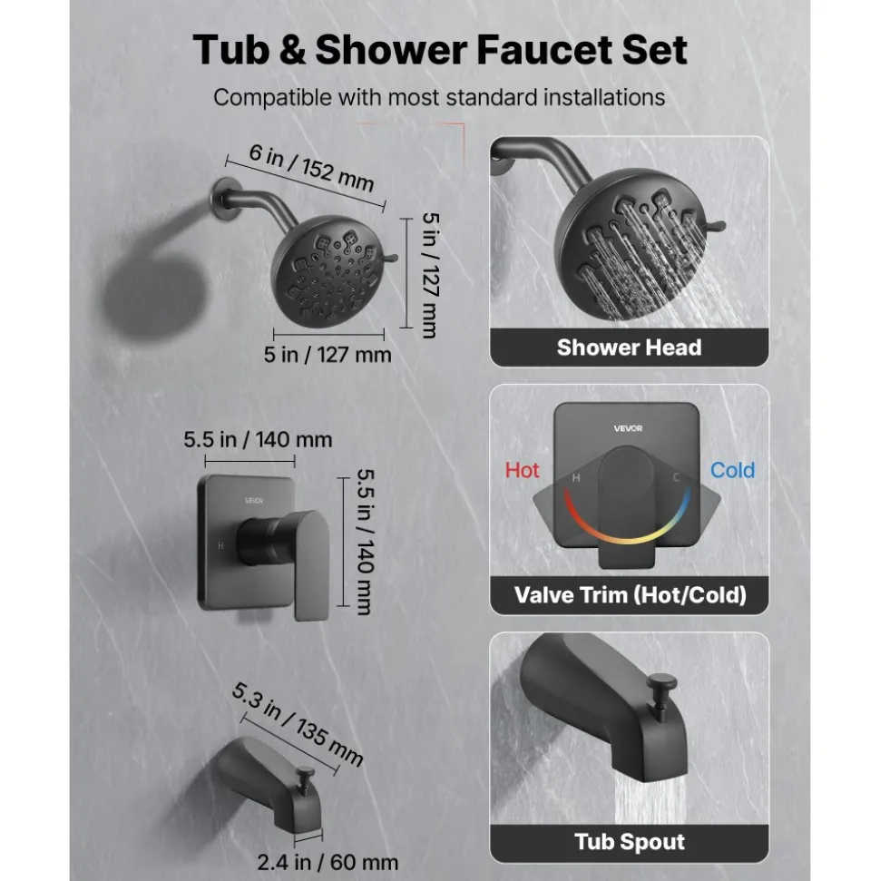 VEVOR Tub and Shower Faucet Set, Complete with 5.1-Inch Rainfall Shower Head and Bathtub Spout, 5-Setting Adjustable Spray, Single-Handle Tub Trim Kit with Brass Pressure Balancing Valve, Matte Black