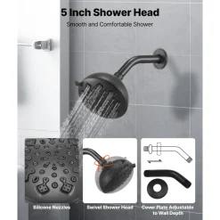 VEVOR Tub and Shower Faucet Set, Complete with 5.1-Inch Rainfall Shower Head and Bathtub Spout, 5-Setting Adjustable Spray, Single-Handle Tub Trim Kit with Brass Pressure Balancing Valve, Matte Black