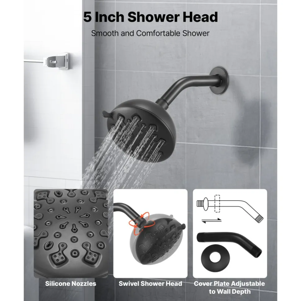 VEVOR Tub and Shower Faucet Set, Complete with 5.1-Inch Rainfall Shower Head and Bathtub Spout, 5-Setting Adjustable Spray, Single-Handle Tub Trim Kit with Brass Pressure Balancing Valve, Matte Black