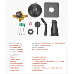 VEVOR Tub and Shower Faucet Set, Complete with 5.1-Inch Rainfall Shower Head and Bathtub Spout, 5-Setting Adjustable Spray, Single-Handle Tub Trim Kit with Brass Pressure Balancing Valve, Matte Black