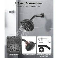 VEVOR Tub and Shower Faucet Set, Complete with 4.7-Inch Rainfall Shower Head and Bathtub Spout, 9-Setting Adjustable Spray, Single-Handle Tub Trim Kit with Brass Pressure Balancing Valve, Matte Black