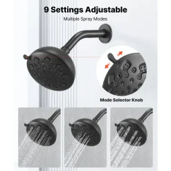 VEVOR Tub and Shower Faucet Set, Complete with 4.7-Inch Rainfall Shower Head and Bathtub Spout, 9-Setting Adjustable Spray, Single-Handle Tub Trim Kit with Brass Pressure Balancing Valve, Matte Black
