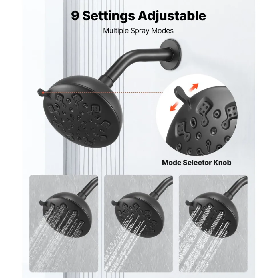 VEVOR Tub and Shower Faucet Set, Complete with 4.7-Inch Rainfall Shower Head and Bathtub Spout, 9-Setting Adjustable Spray, Single-Handle Tub Trim Kit with Brass Pressure Balancing Valve, Matte Black