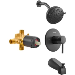 VEVOR Tub and Shower Faucet Set, Complete with 4.7-Inch Rainfall Shower Head and Bathtub Spout, 9-Setting Adjustable Spray, Single-Handle Tub Trim Kit with Brass Pressure Balancing Valve, Matte Black