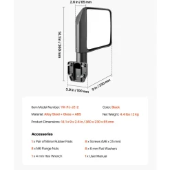 VEVOR Tube Door Side Mirrors, Compatible with Jeep Wrangler CJ7 YJ TJ JK JL/Gladiator JT/Cherokee XJ, DOT-Certified Side View Mirrors for Half Tubular Doors, Up/Down/Left/Right Adjustable, 1 Pair