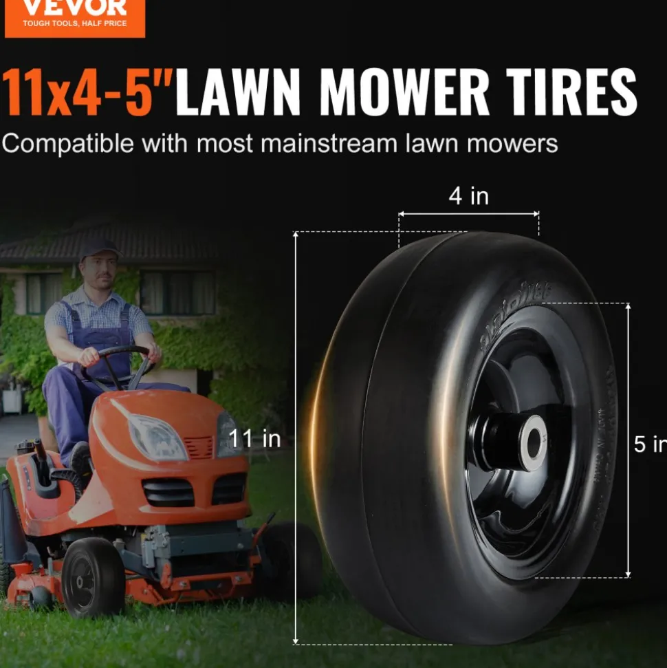 VEVOR Tubeless Mower Wheels, 11x4-5" Size, Pair of Flat-Free PU Tires on Rims, 3.4" Hub, 3/4" Bushing, Includes 20 Adapters, Suitable for Riding Mowers and Lawn Tractors