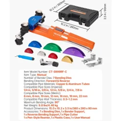 VEVOR Tubing Bender Kit, 1/4 to 7/8 Inch, Compact Ratcheting Tube Pipe Bender, Forward/Reverse Hand Bending Tool, with 7 Aluminium Alloy Dies, for Copper HVAC Air Conditioning Refrigeration Repair