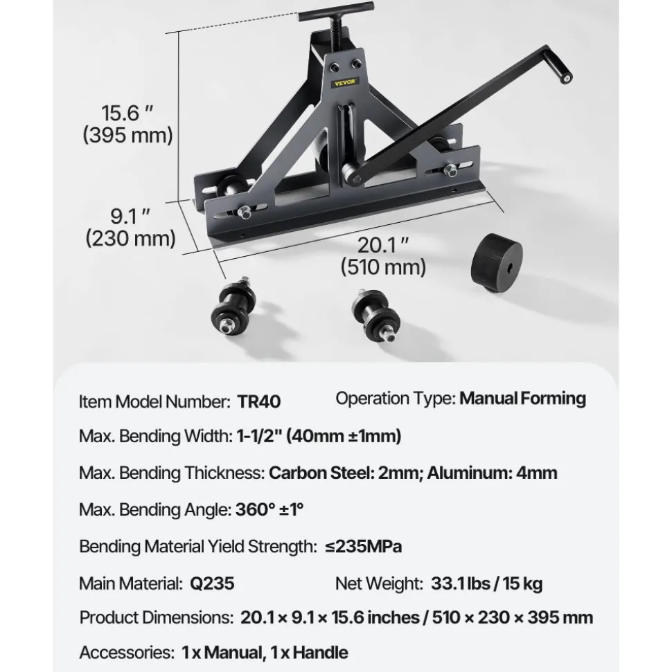 VEVOR 1-1/2" Tubing Rolling Bender Manual Square & Rectangular Tube Bender 14 Gauge Roller Tubing Roller Flat Bar Bender For Mild Steel Cooper & Aluminum