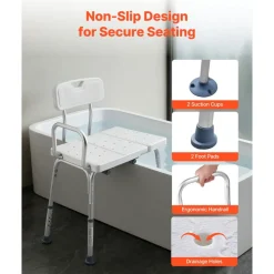 VEVOR Tub Transfer Bench for Bathtub, 400 lbs Capacity Heavy Duty Shower Chair with Arm, Backrest and Curtain Slot, Height Adjustable Shower Bench Bath Seat for Adults, Seniors, Elderly and Disabled