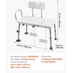 VEVOR Tub Transfer Bench for Bathtub, 400 lbs Capacity Heavy Duty Shower Chair with Arm, Backrest and Curtain Slot, Height Adjustable Shower Bench Bath Seat for Adults, Seniors, Elderly and Disabled