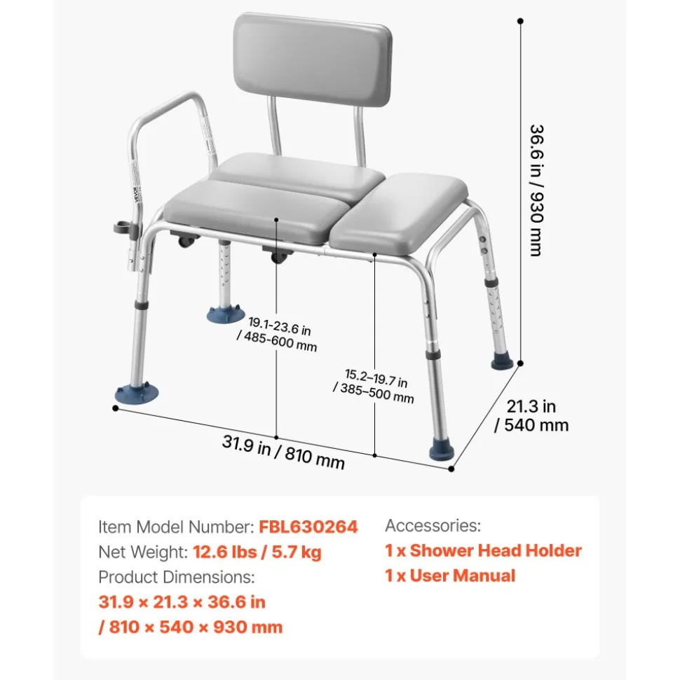 VEVOR Tub Transfer Bench for Bathtub, 500 lbs Weight Capacity Heavy Duty Shower Chair with Arm and Backrest, Height Adjustable Bathroom Shower Bench Bath Seat for Adults, Seniors, Elderly and Disabled