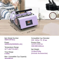 VEVOR Tumbler Heat Press Machine, 11-30oz Mug Press, Heat Up Fast and Even, Tumbler Press with Sublimation Paper, Tape and Gloves, Temp and Time Setting, for Sublimation Tumblers, Cups, Mugs, Purple