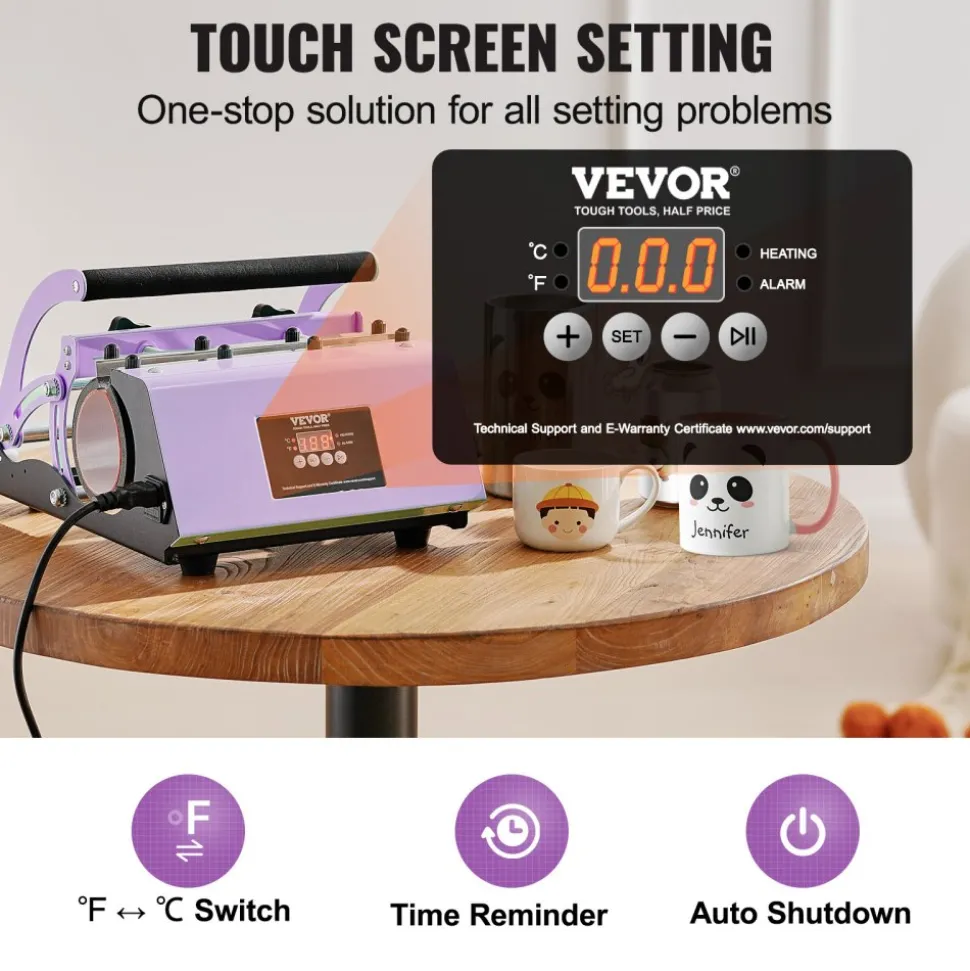 VEVOR Tumbler Heat Press Machine, 11-30oz Mug Press, Heat Up Fast and Even, Tumbler Press with Sublimation Paper, Tape and Gloves, Temp and Time Setting, for Sublimation Tumblers, Cups, Mugs, Purple