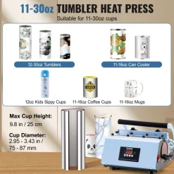 VEVOR Tumbler Heat Press Machine, 11-30oz Mug Press, Heat Up Fast and Even, Tumbler Press with Sublimation Paper, Tape and Gloves, Temp and Time Setting, for Sublimation Tumblers, Cups, Mugs, Blue