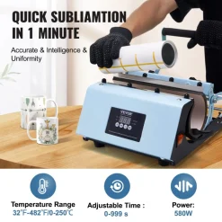 VEVOR Tumbler Heat Press Machine, 11-30oz Mug Press, Heat Up Fast and Even, Tumbler Press with Sublimation Paper, Tape and Gloves, Temp and Time Setting, for Sublimation Tumblers, Cups, Mugs, Blue