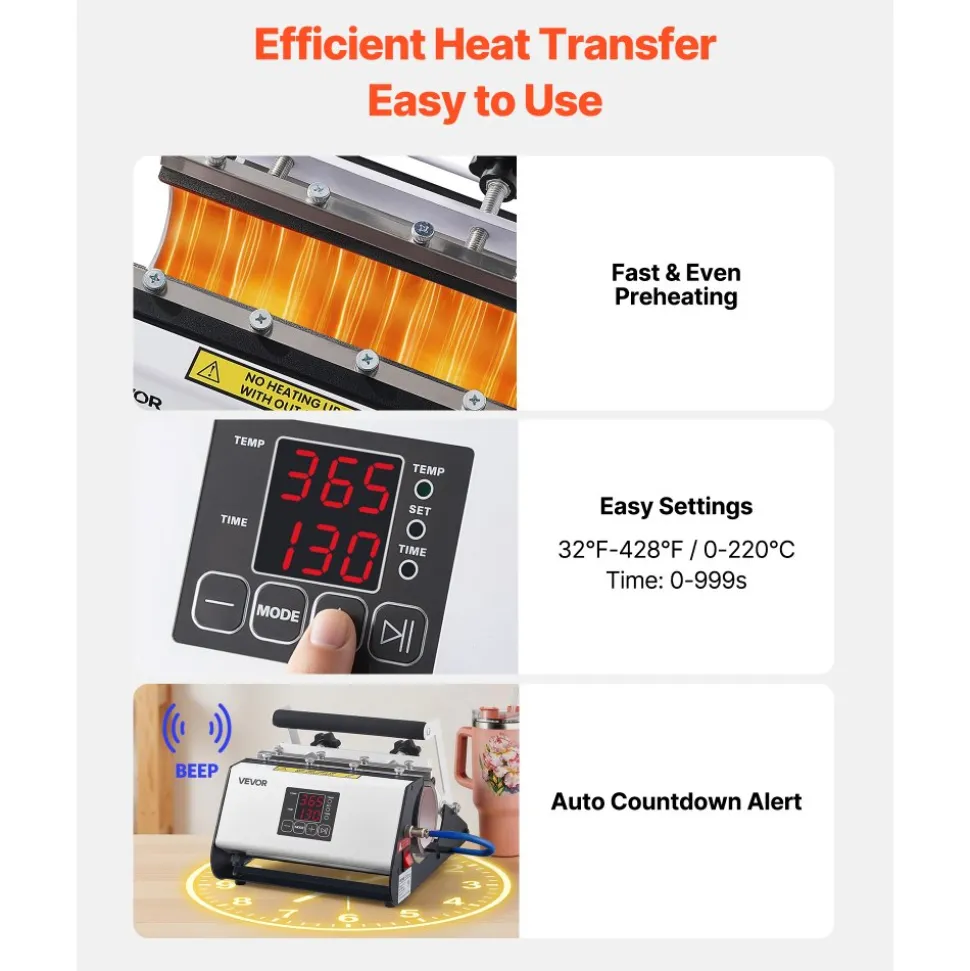 VEVOR Tumbler Heat Press Machine, 11-30 oz Mug Press, Fast and Even Heating, with Tape and Gloves, Easy Temp and Time Setting, Heat Transfer for Sublimation Tumblers, Cups, Mugs, Black and White