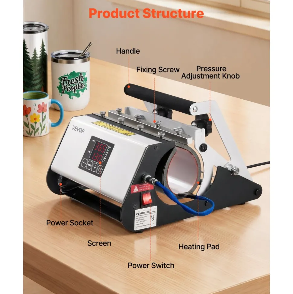 VEVOR Tumbler Heat Press Machine, 11-30 oz Mug Press, Fast and Even Heating, with Tape and Gloves, Easy Temp and Time Setting, Heat Transfer for Sublimation Tumblers, Cups, Mugs, Black and White