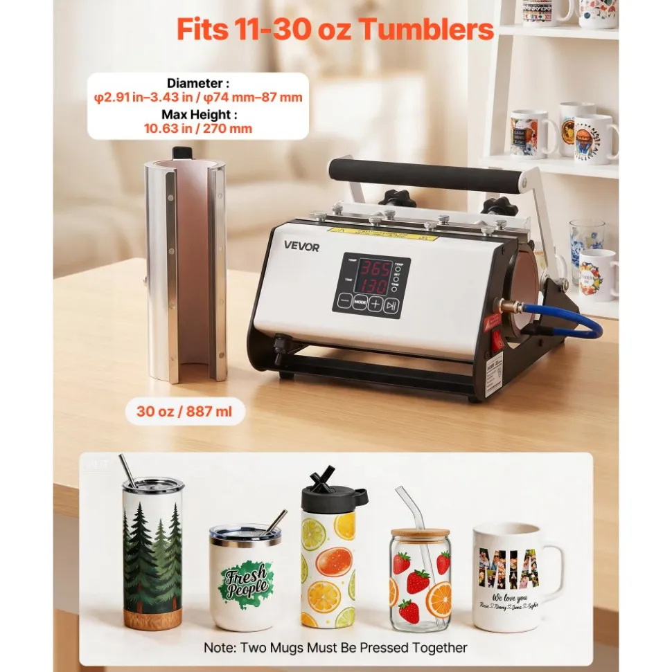 VEVOR Tumbler Heat Press Machine, 11-30 oz Mug Press, Fast and Even Heating, with Tape and Gloves, Easy Temp and Time Setting, Heat Transfer for Sublimation Tumblers, Cups, Mugs, Black and White